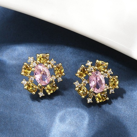 Flower Brass Micro Pave Cubic Zirconia Stud Earrings EJEW-M082-20G-1