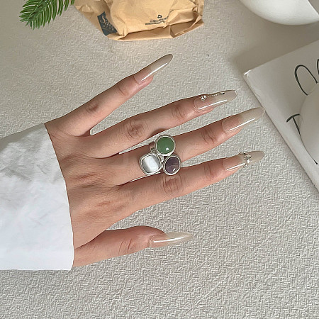 Natural Amethyst & Natural Green Aventurine & Natural Crystal Quartz 304 Stainless Steel Finger Rings FS-WGE331D-12-1