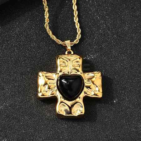 Cross with Heart 304 Stainless Steel Cubic Zirconia Pendant Necklaces NJEW-H070-01G-02-1