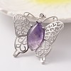 Butterfly Platinum Tone Brass Natural Amethyst Pendants G-M288-06-1