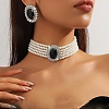 Oval Brass & Glass & Plastic Pearl Beaded Chain Collar & Stud Earrings Sets FS-WG5CD09-09-1