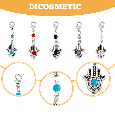 Round Gemstone & Alloy Hamsa Hand Pendant Decoration HJEW-AB00357-1