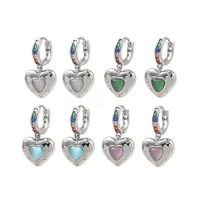 Brass Micro Pave Cubic Zirconia and Cat Eye Beads Heart Hoop Dangle Earrings KK-CBAD9DF-01P-1
