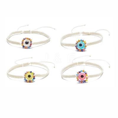 Flat Round with Evil Eye Glass & Resin Braided Bead Bracelet for Women BJEW-JB08077-1