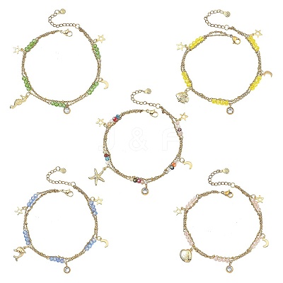 Ocean Faceted Rondelle Electroplate Glass 2-Strand 304 Stainless Steel Sea Animals Charm Anklets for Women AJEW-AN00793-1