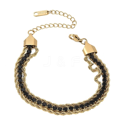 304 Stainless Steel & Rhinestone Rope Chain Double Layers Bracelets for Women BJEW-F540-09G-1