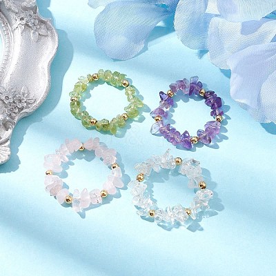 Natural Mixed Gemstone Chips Beaded Stretch Ring RJEW-JR00646-1