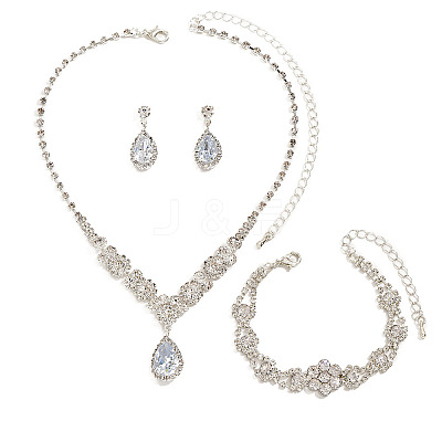 Teardrop & Flower Alloy Crystal Rhinestone Pendant Necklace & Stud Dangle Earrings & Bracelets Sets FS-WGA0F52-01-1