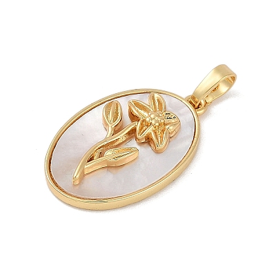 Rack Plating Brass Pave Shell Oval Pendants KK-U032-92G-10-1