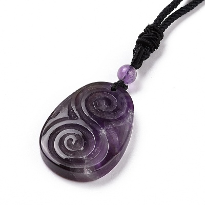 Adjustable Natural Amethyst Teardrop with Spiral Pendant Necklace with Nylon Cord for Women NJEW-L171-04B-1