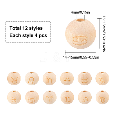 48 Pcs 12 Styles Unfinished Natural Wood European Beads WOOD-SC0001-31-1