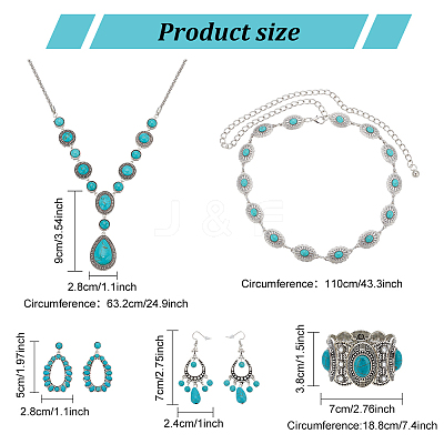 Synthetic Turquoise Hollow Out Teardorp Chandelier & Dangle Stud Earring & Stretch Bracelet & Lariat Necklace & Link Chain Waist Belt SJEW-AN0001-01-1