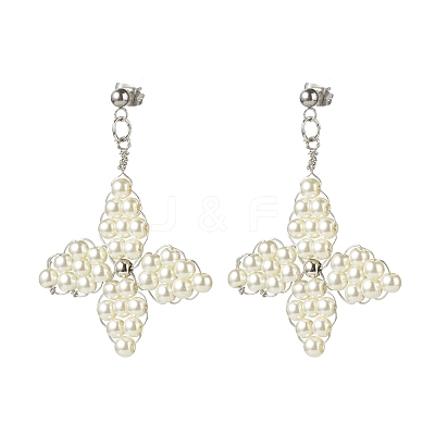 Glass Pearl Braided Star Stud Earrings EJEW-JE04982-01-1