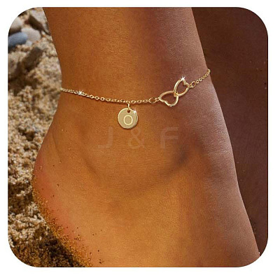Brass Double Heart Link Flat Round Initial Charm Anklets for Women FS-WGA84B7-18-1