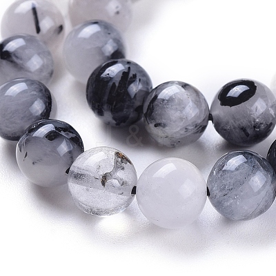 Natural Tourmalinated Quartz/Black Rutilated Quartz Beads Strands G-E558-04-8mm-1