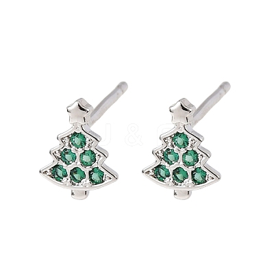 Brass Micro Pave Cubic Zirconia Charistmas Tree Stud Earrings EJEW-L278-09P-1
