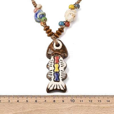 Ceramic Fish Pendant Adjustable Waxed Cord Necklaces for Women NJEW-B146-02-1