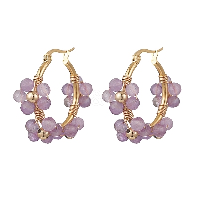Flower Brass & Natural Amethyst Hoop Earrings EJEW-TA00781-02-1