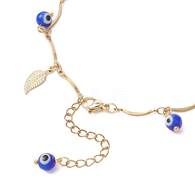 Handmade Evil Eye Lampwork & Stainless Steel Leaf Tassel 304 Stainless Steel Curved Bar Link Chain Anklets for Women AJEW-AN00742-02-1