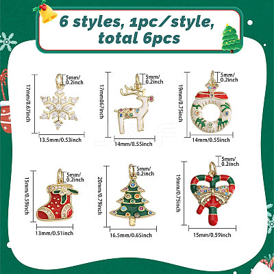 6Pcs 6 Styles Christmas Theme Brass Rhinestone Pendants KK-CA0003-79-1