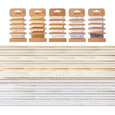 5 Sets 5 Styles Polyester Printed Satin Ribbon & Grosgrain Ribbons Sets OCOR-TA0001-40-1