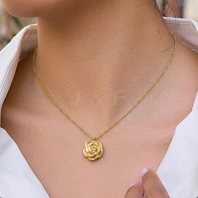 304 Stainless Steel Vintage 3D Rose Flower Pendant Necklaces for Women AM0132-1