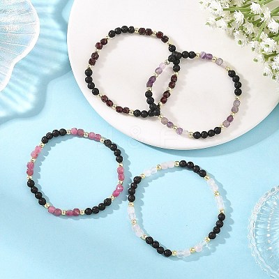4Pcs 4 Styles Natural Mixed Stone Faceted Cube and Round Natural Lava Rock Beaded Stretch Bracelets for Women BJEW-JB14250-02-1