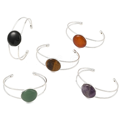 Natural Mixed Gemstone Flat Round Brass Hollow Cuff Bangles for Women BJEW-JB14330-01-1