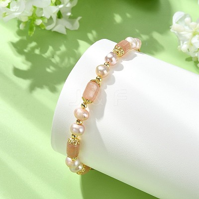 Adjustable Natural Sunstone & Cultured Freshwater Pearls Beads  Slider Bracelets for Women BJEW-JB14030-02-1