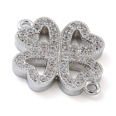 Rack Plating Brass Micro Pave Clear Cubic Zirconia Clover Connector Charms KK-A234-042P-1