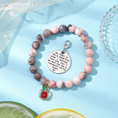 Natural Pink Zebra Jasper Beads & Apple Charms Bracelets & 304 Stainless Steel Flat Round Pendants Set SJEW-JS01307-02-1
