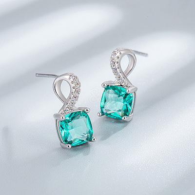 Square Rhodium Plated 925 Sterling Silver Pave Cubic Zirconia Pendant Necklaces & Stud Earrings Sets for Women WG8F2D6-02-1