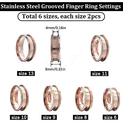 12Pcs 6 Size 304 Stainless Steel Grooved Finger Ring Settings RJEW-SC0001-04-1