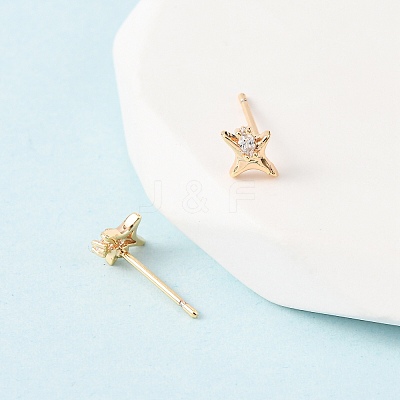 Brass Micro Pave Clear Cubic Zirconia Star Stud Earrings EJEW-L278-02G-1