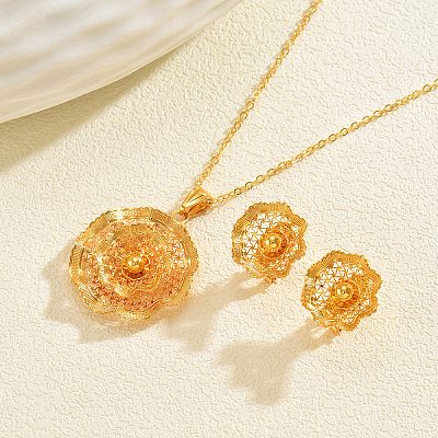 Hollow Vintage Brass Flower Stud Earrings & Pendant Necklaces Sets for Women SA8016-1