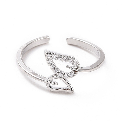 Clear Cubic Zirconia Hollow Out Leaf Open Cuff Ring RJEW-H127-38P-1