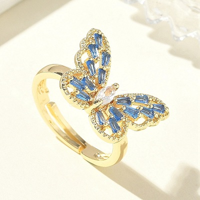 Adjustable Brass Butterfly Finger Rings with Light Blue Cubic Zirconia CU-CBA7E55-18G-02-1