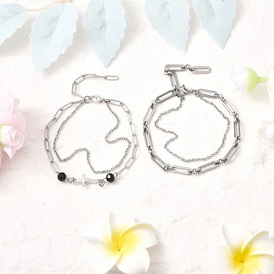 2Pcs 2 Styles 304 Stainless Steel Cable & Paperclip Chain Bracelets Multi-layered Bracelets BJEW-JB12331-1