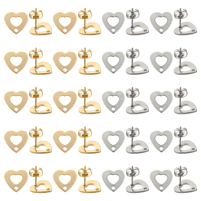 40Pcs 2 Color 201 Stainless Steel Heart Stud Earring Findings STAS-SC0005-30-1