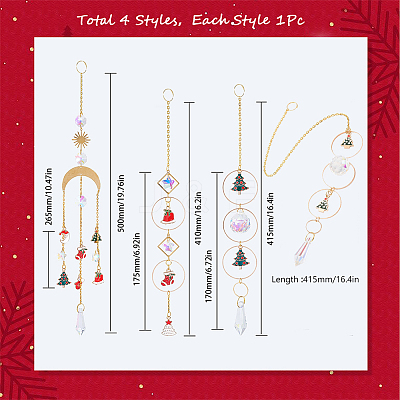 4Pcs 4 Style Christmas Theme Sun Catcher Glass Pendant Decorations AJEW-SC0001-51-1
