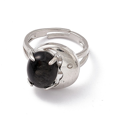 Gemstone Oval with Crescent Adjustable Ring RJEW-P041-02P-1