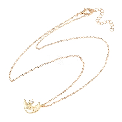Brass Pave Clear Cubic Zirconia Smiling Face Moon Pendant Necklaces KK-CBA6599-04B-G-1