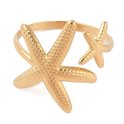 Ion Plating(IP) 304 Stainless Steel Starfish Open Cuff Rings for Women RJEW-Z057-09G-1