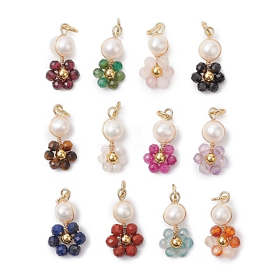 12Pcs 12 Styles Natural Mixed Gemstone Faceted Round Coppwer Wire Wrapped Pendants PALLOY-JF02911-1