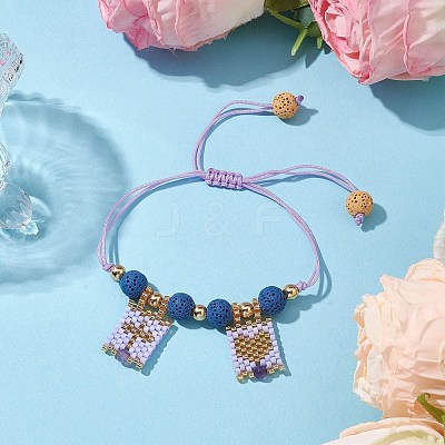 Natural Lava Rock & Natural Amethyst & Glass Seed Beaded Braided Bracelets BJEW-MZ00063-03-1