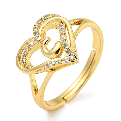 Heart with Letter Rack Plating Brass Micro Pave Clear Cubic Zirconia Adjustable Rings for Women RJEW-I105-01G-C-1