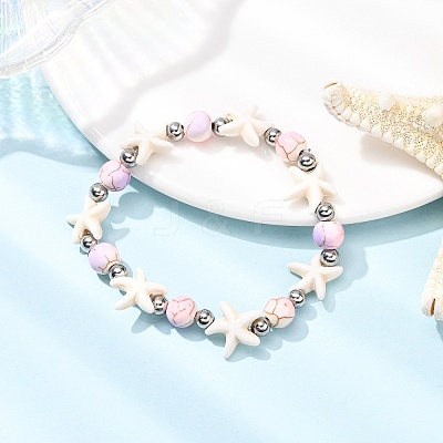 5Pcs Round & Starfish Synthetic Turquoise Beads & Brass Beads Stretch Bracelets Sets BJEW-JB12417-1