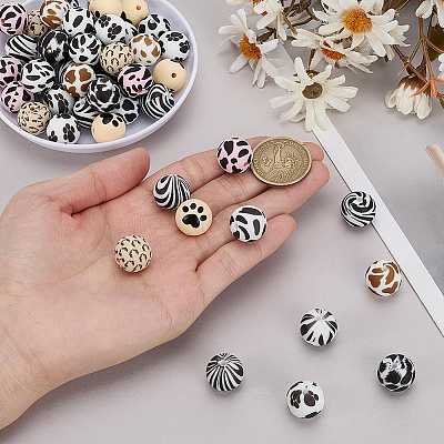 50Pcs 10 Styles Printed Round Silicone Focal Beads SIL-SP0001-25-1