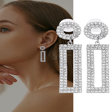 1 Pairs Brass Rhinestone Ring with Rectangle Dangle Stud Earrings for Women EJEW-LP0001-91P-1