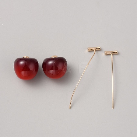 Red Resin Cherry Dangle Stud Earrings EJEW-SZC0003-01G-1